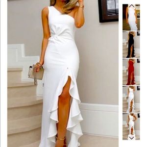 White one shoulder slit maxi dress. Size S but runs a little big